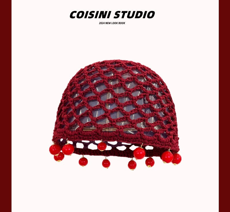 Fashion Hand-woven Tassel Red Crochet Ethnic Style Ear Protection Strap Pullover Hat