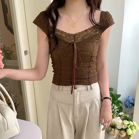 American-style Retro Brown Texture Lace Top