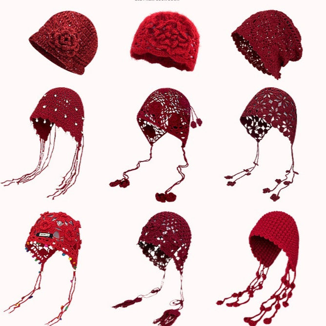 Fashion Hand-woven Tassel Red Crochet Ethnic Style Ear Protection Strap Pullover Hat